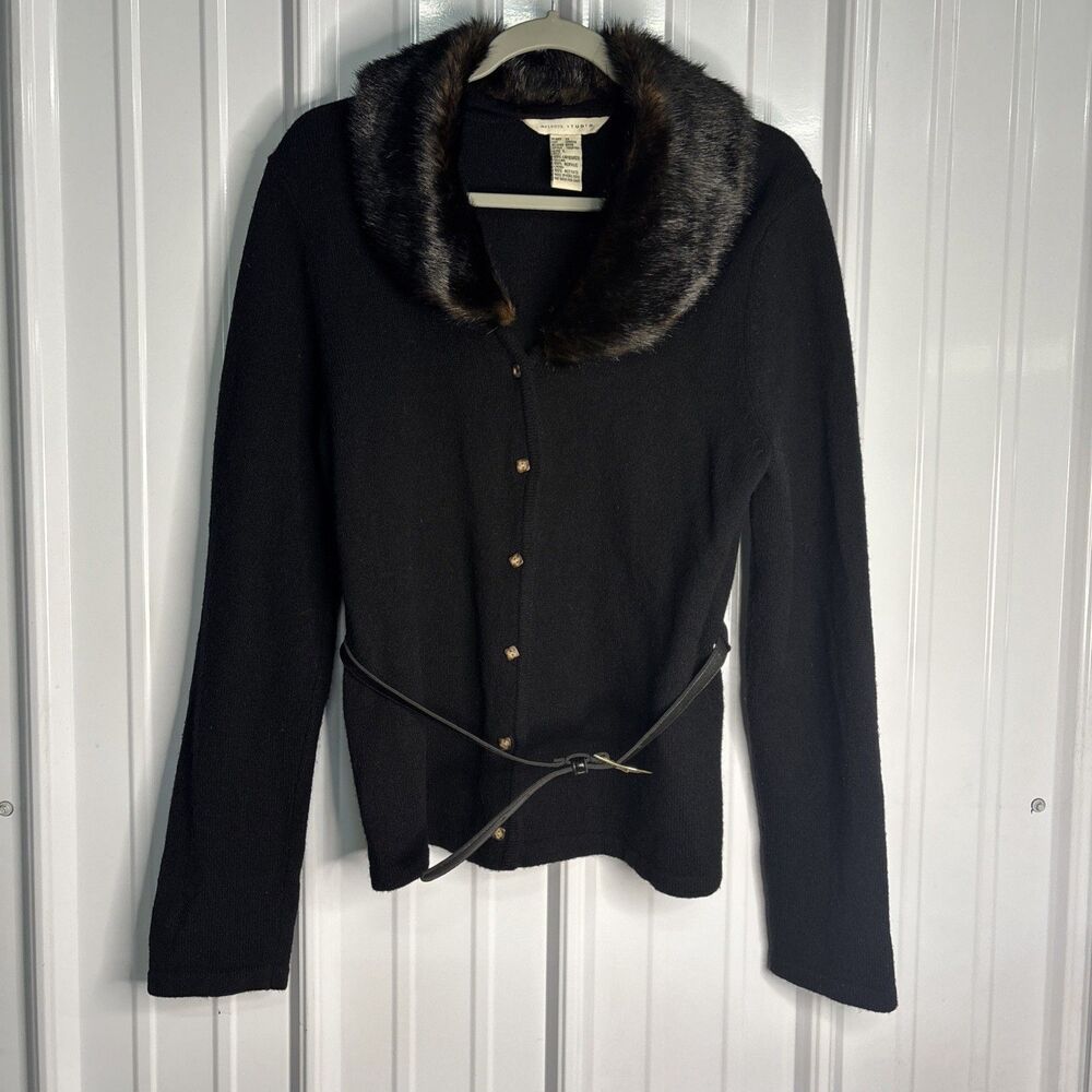 Vintage Melrose Studio Women’s Black Lambswool Cardigan w/ Faux Fur Collar Large